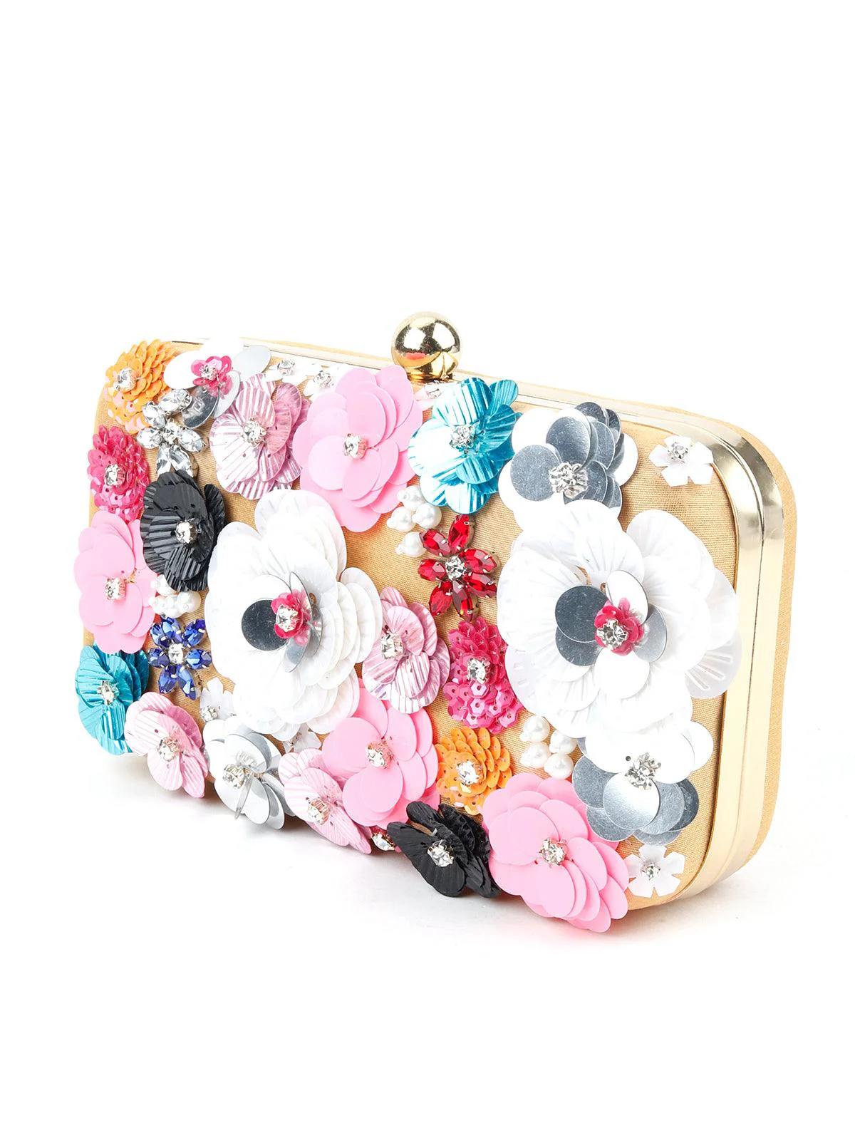 Odette Women Yellow Floral Embellished Sequin Multicolour Clutch - Image 4