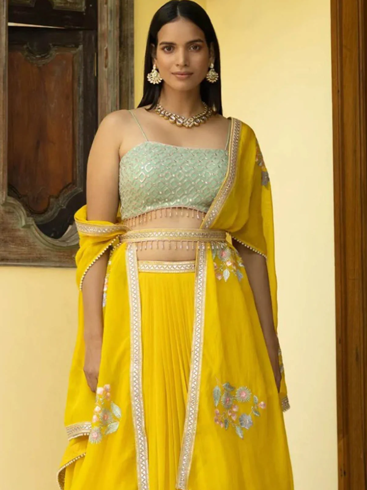 Odette Women Yellow Georgette Semi Stitched Lehenga With  Unstitched Blouse - Image 2