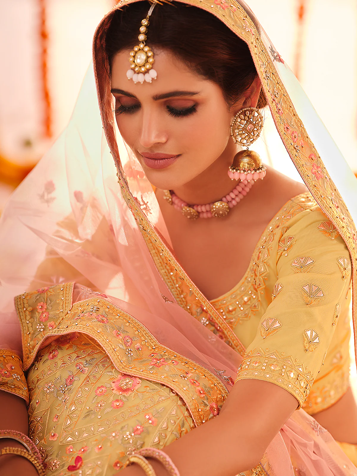 Odette Women Yellow Embroidered Organza Semi Stitched Lehenga With Unstitched Blouse - Image 3