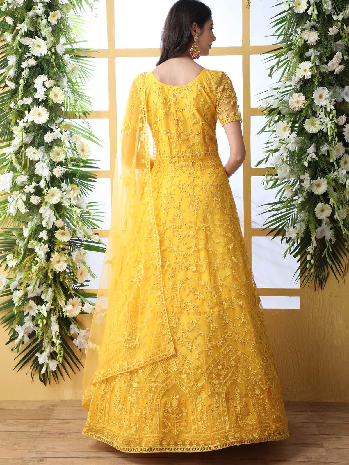 Odette Women Yellow Net Semi Stitched Anarkali - Image 2