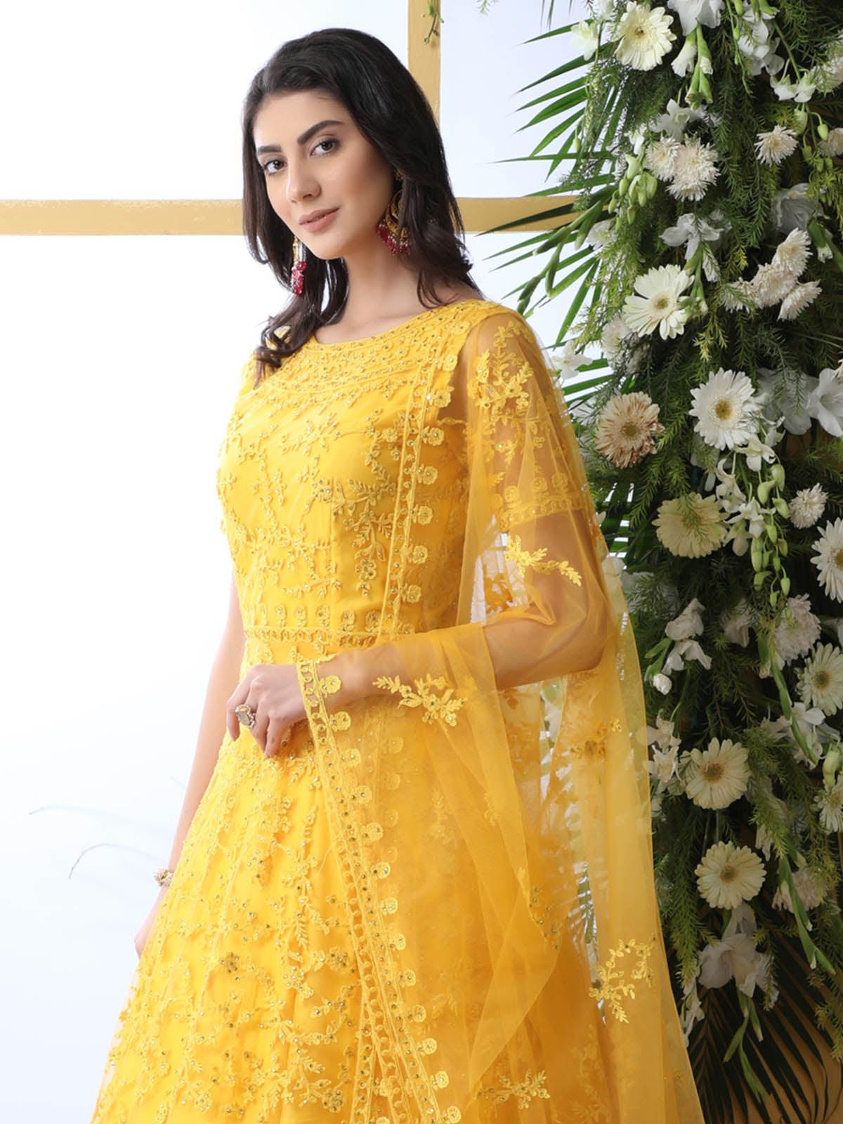 Odette Women Yellow Net Semi Stitched Anarkali - Image 3