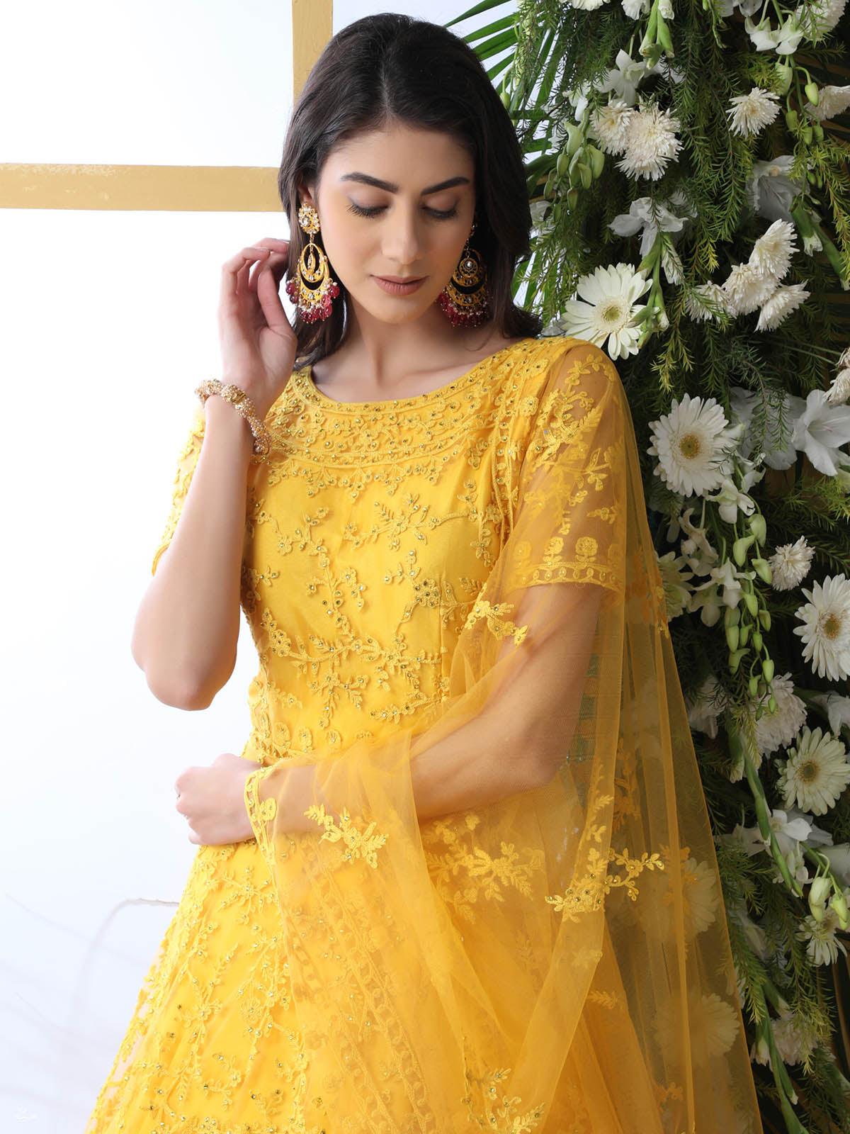Odette Women Yellow Net Semi Stitched Anarkali - Image 4