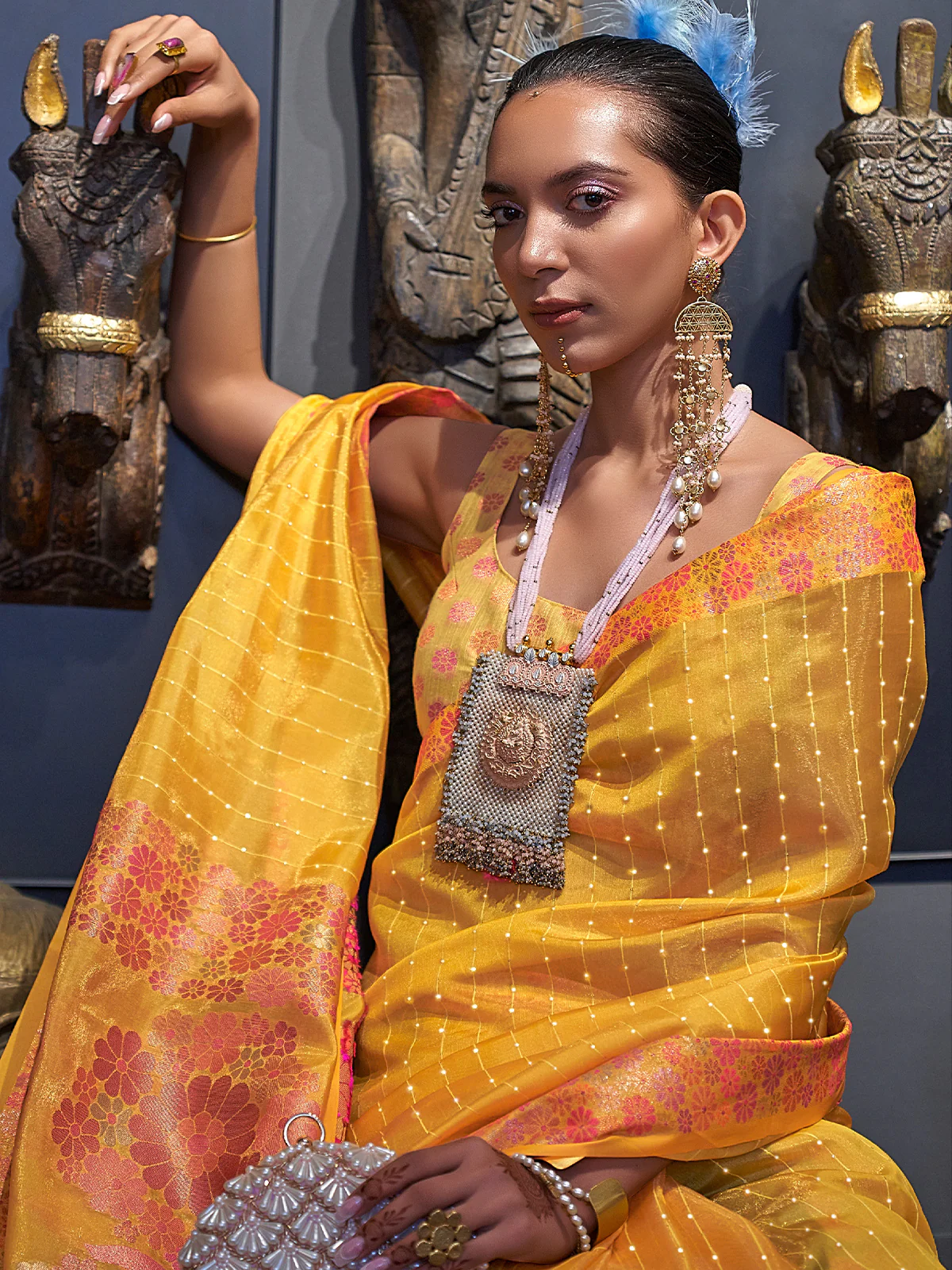 Odette Women Yellow Organza Woven Saree With Unstitched Blouse - Image 2
