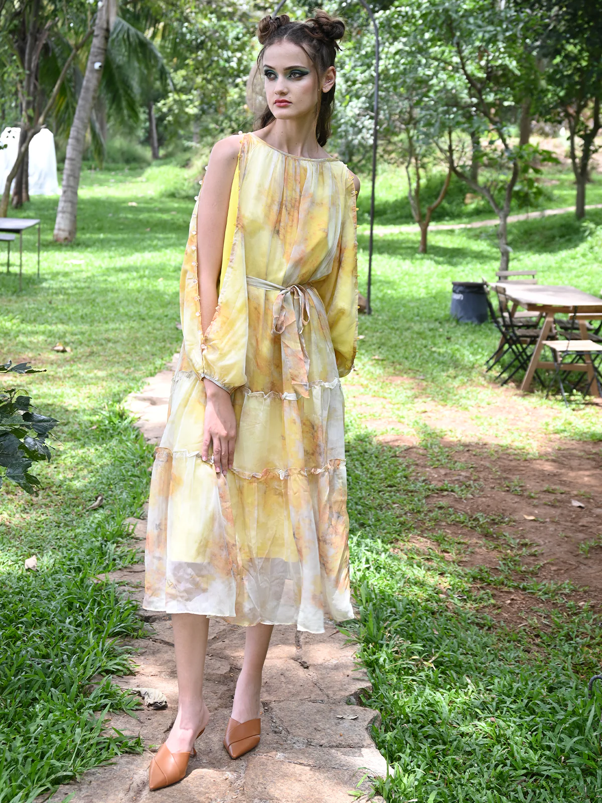 Odette Women Yellow Polyester Chiffon Printed Long Dress - Image 2
