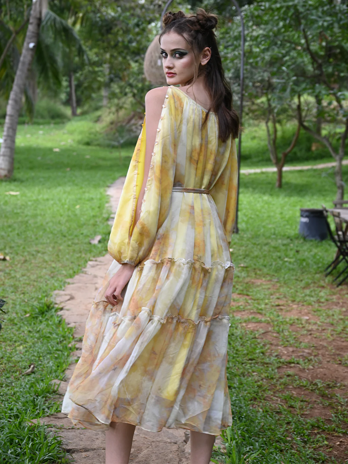 Odette Women Yellow Polyester Chiffon Printed Long Dress - Image 4