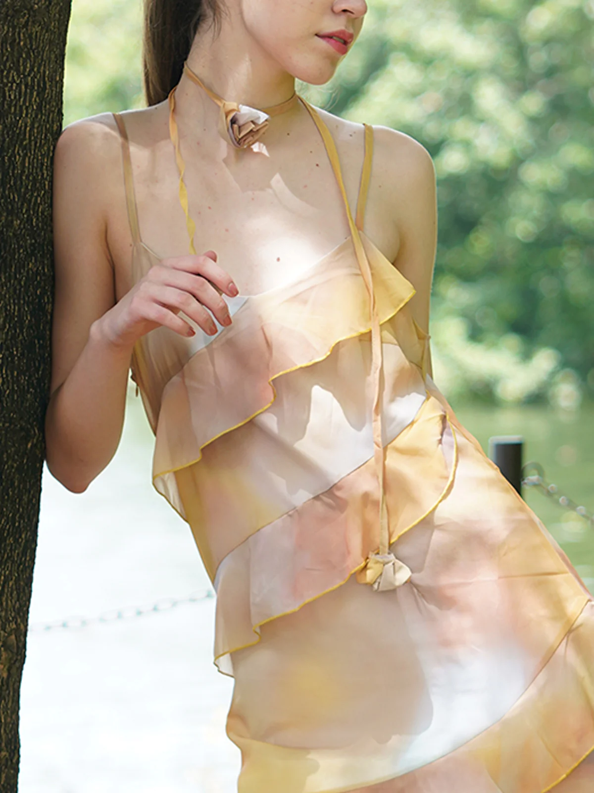 Odette Women Yellow Printed Georgette Frilled Stitched Dress - Image 5
