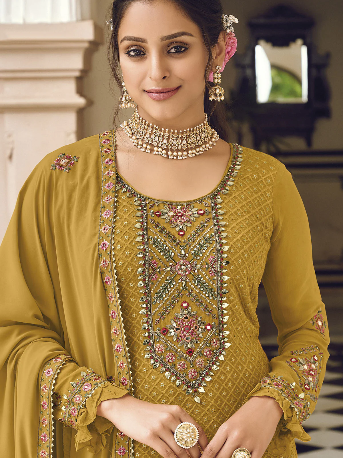 Odette Women Mustard Sequence Embroidered Georgette Salwar Semi Stitched Suit - Image 2