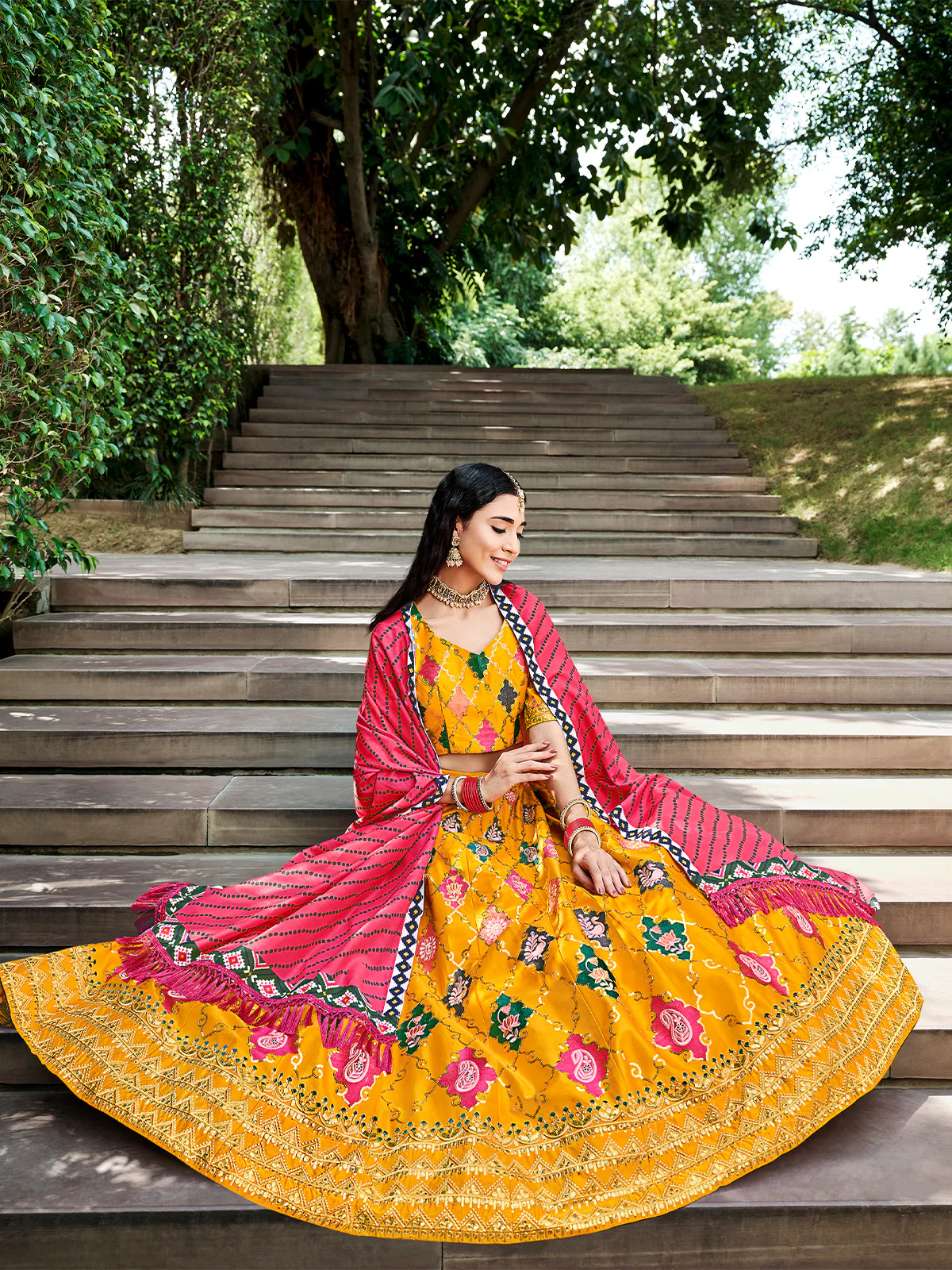 Odette Women Yellow Silk Embroidered Semi Stitched Lehenga With  Unstitched Blouse - Image 2