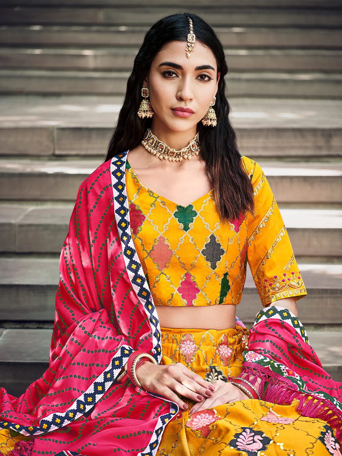 Odette Women Yellow Silk Embroidered Semi Stitched Lehenga With  Unstitched Blouse - Image 3