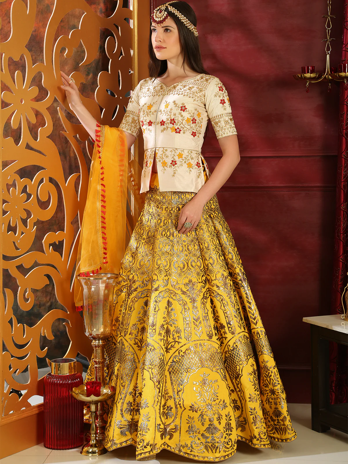Odette Women Yellow Silk Foil Work Semi Stitched Lehenga With  Unstitched Blouse - Image 2