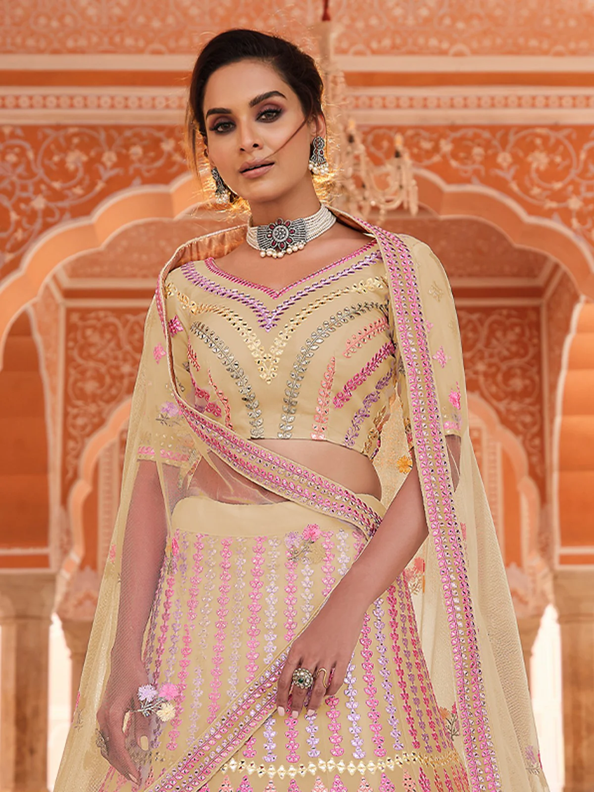 Odette Women Yellow Embroidered Organza Semi Stitched Lehenga With Unstitched Blouse - Image 2
