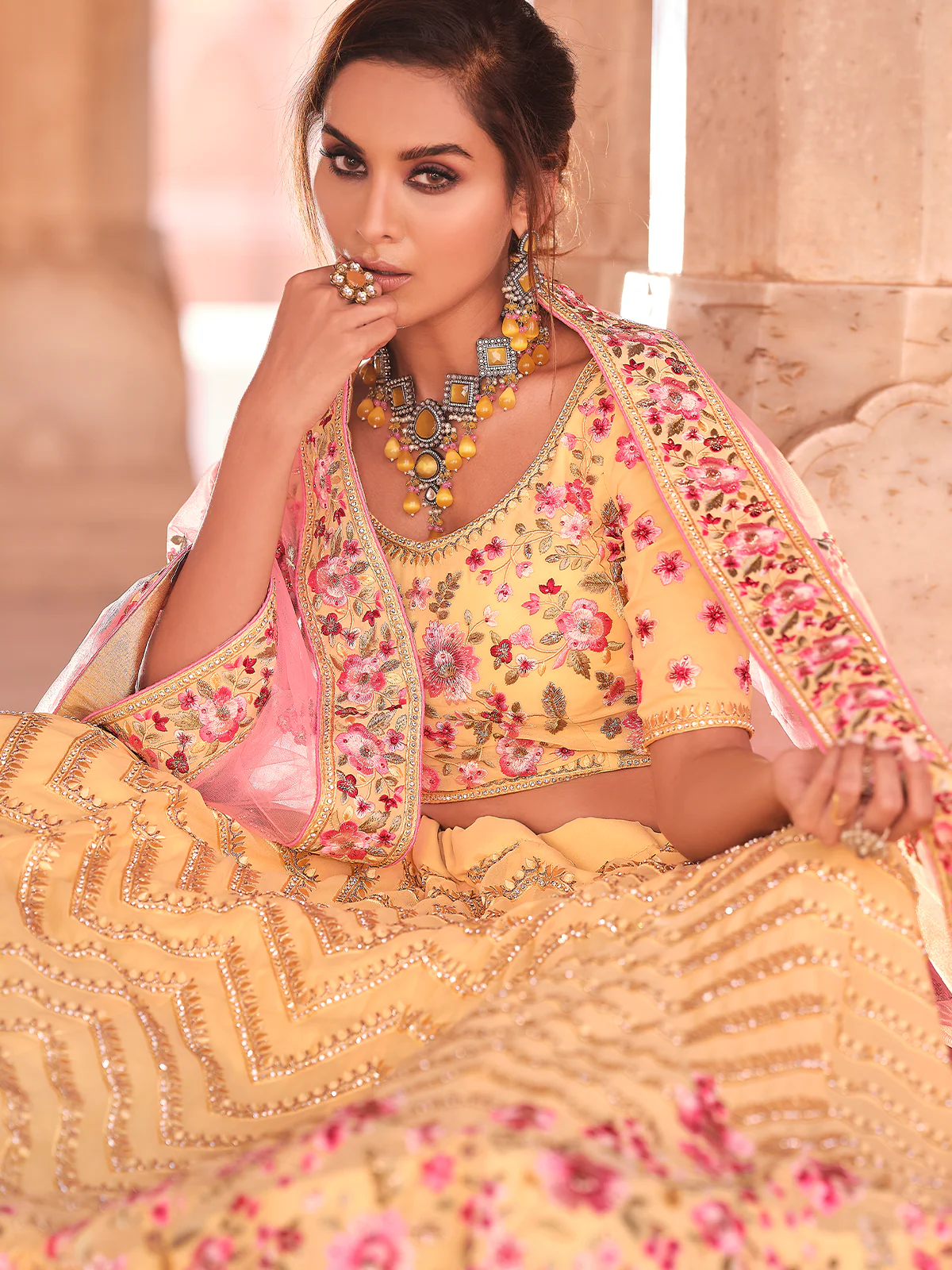 Odette Women Yellow Embroidered Georgette Semi Stitched Lehenga With Unstitched Blouse - Image 3