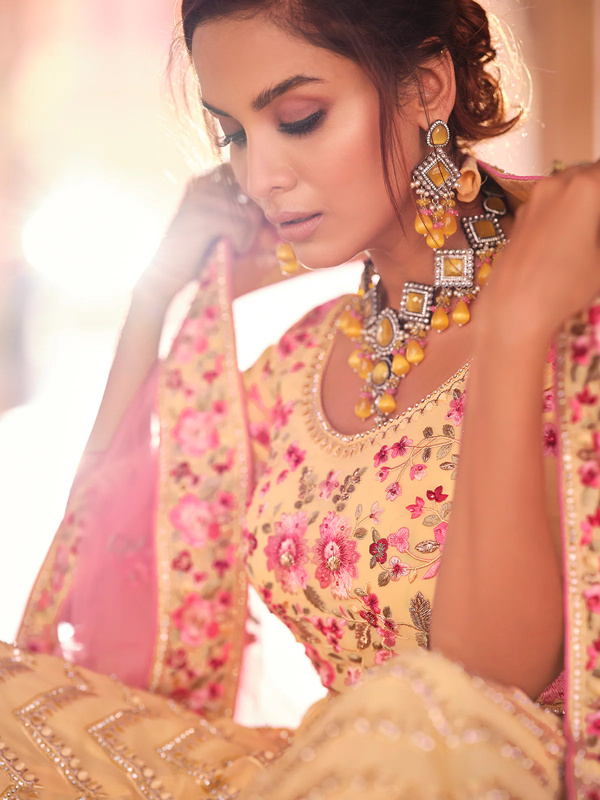 Odette Women Yellow Embroidered Georgette Semi Stitched Lehenga With Unstitched Blouse - Image 4